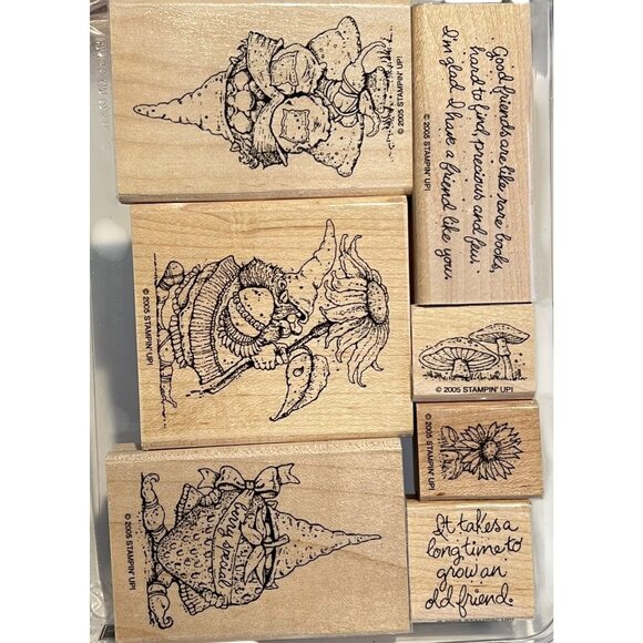 Stampin Up! Knobbly Gnomes Wood-Mounted Rubber Stamp Set Of 6 Crafting Supplies - Picture 1 of 3